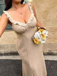SHEIN LUNE Plus Size Women Fashion Holiday Casual Solid Color Spaghetti Strap Fish Tail Dress - Khaki - View 3