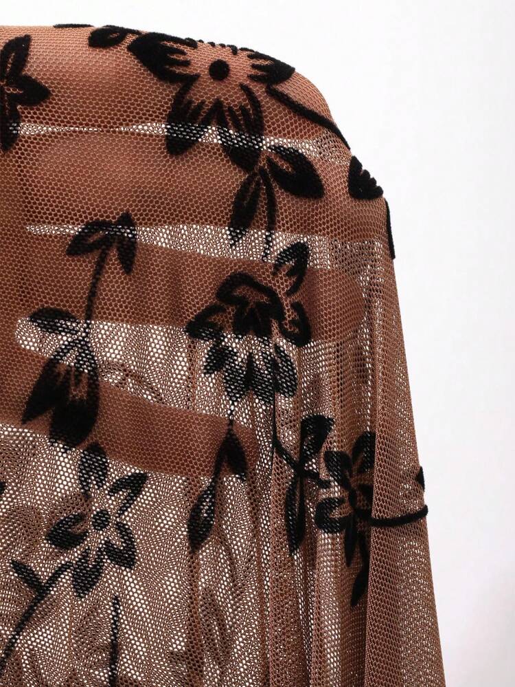 Women's Plant Pattern Mesh Long Sleeve Top Going Out Tops Sheer Crop Women Tops