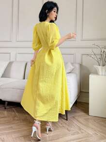 Modelyn 优雅法式复古风V领泡泡袖中长连衣裙，高端奢华气质，黄色