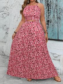 SHEIN VCAY Bộ đồ hai mảnh họa tiết lá và chân váy xẻ tà cỡ lớn cho nữ - Hồng - Xem 3