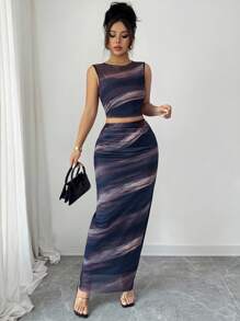 Selianne 2件套女士优雅渐变色花卉无袖背心和裙子套装