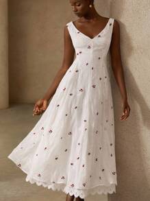 Aveloria Rosie 法式复古优雅高端刺绣V领荷叶边拼布飘逸连衣裙，高端女人味修身款 - 白色 - 查看 3