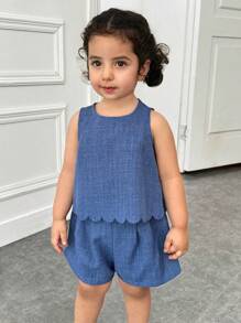 Bộ 2 món/Bộ áo thun trơn cổ tròn màu trơn đơn giản cho bé gái có trang trí nơ 3D ở lưng và quần short, màu xanh - Màu xanh lam - Xem 4