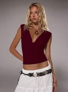 TRNVIE Women Deep V Neck Casual Tight Fitted Tops, Spring/Summer - Burgundy - View 7