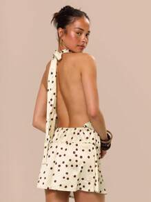 MUSERA 露背吊带低腰缎面波点迷你连衣裙，适合生日、毕业典礼、夏季假期、节日等场合，可爱休闲又不失优雅，适合托斯卡纳阳光、伊比沙岛、婚礼、海滩、夜生活、约会、生日派对、冬季派对等场合，尽显优雅时尚。 - 卡其色 - 查看 4