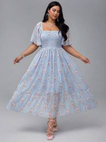 Flirla Plus Size Women's Romantic Palace Printed Gathered Waist Puff Sleeve Short Sleeve Dress - Blue - View 4