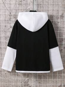 SHEIN 男童休闲运动宽松韩版撞色字母印花套头卫衣，适合通勤、上学、日常休闲、运动、秋冬季节穿着，童装，男童服装，校服 - 黑色 - 查看 7