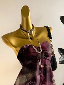 SHEIN EZwear Women's Casual Ruched Chest Drawstring Tied Babydoll Tube Top, Suitable For Summer, Vintage Style, Color Options: Burgundy, Paisley Print Suitable For Going Out - Multicolor - View 7