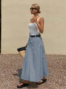 DAZY 纯色A字型女士长款休闲牛仔裙 - 中等水洗藍 - 查看 6