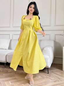 Modelyn 优雅法式复古风V领泡泡袖中长连衣裙，高端奢华气质，黄色