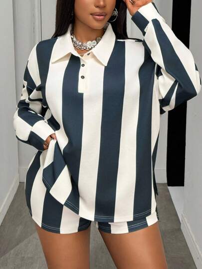 Slaydiva 2025夏秋季新款休闲街头宽松Polo领长袖绿白条纹T恤+修身迷你短裤女加大两件套，返校，毕业装，日常旅行，派对聚会，节日，度假，旅行，早午餐装，音乐会，节日