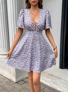 Chiquease Women's Vacation Ditsy Floral Front Tie Puff Sleeve Mini Dress - Purple - View 1