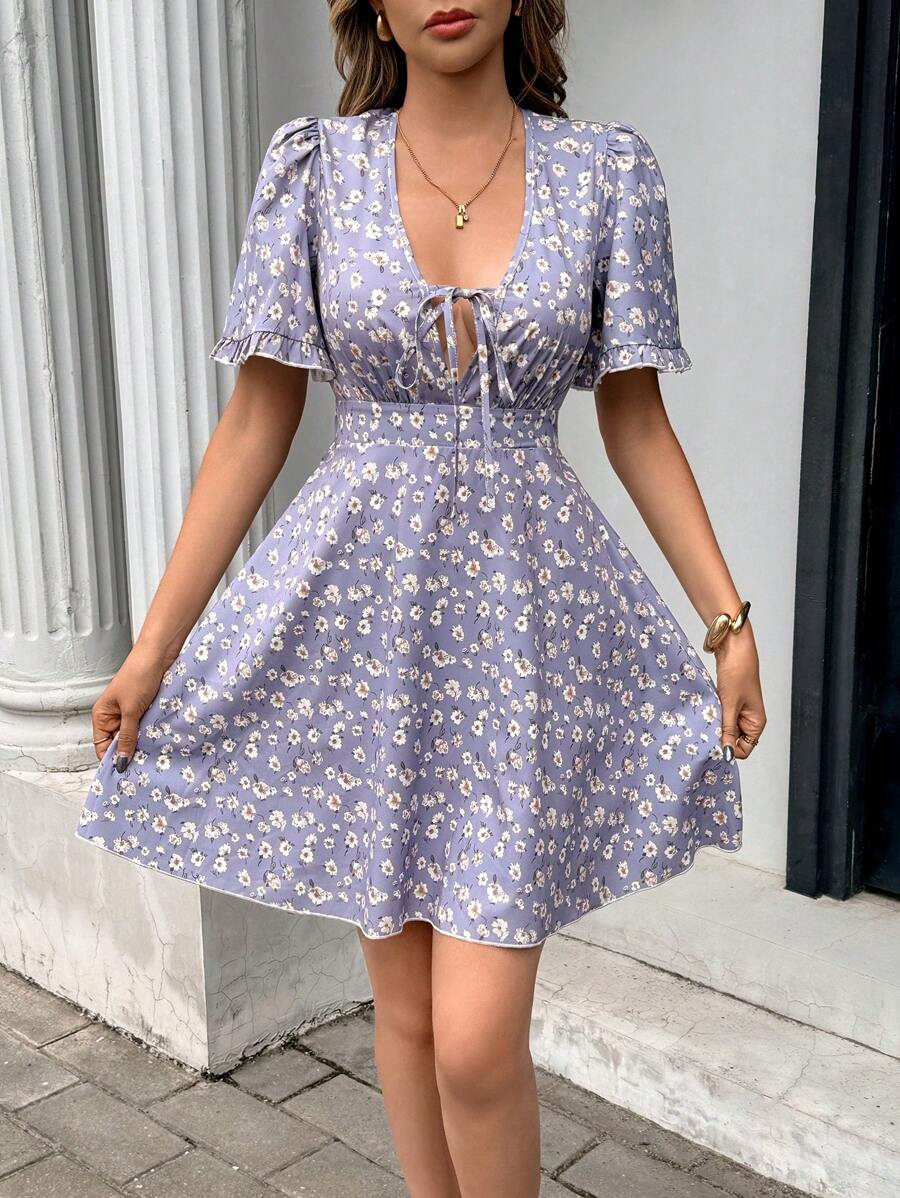 Chiquease Women's Vacation Ditsy Floral Front Tie Puff Sleeve Mini Dress - Purple - View 1