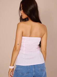 MUSERA Atasan Bandeau Bergaris Kancing Depan dengan Detail Saku, Cocok untuk Liburan Musim Panas, Imut, Seksi, Festival, Elegan, Liburan Musim Semi - Berwarna merah muda - View 4