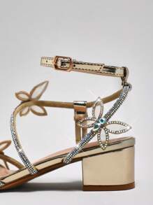 Mini mi 水晶镶嵌 3D 蝴蝶水钻粗跟香槟色礼服凉鞋|公主角色扮演高跟鞋 - 香檳色 - 查看 5