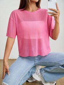 SHEIN PETITE 夏季女性黑色無胸罩下擺垂墜透視網紗上衣 - 粉色 - 查看 1