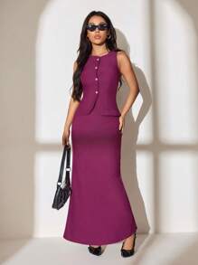 SHEIN PETITE 女士秋冬单排扣无袖背心裙套装 - 中紫紅色 - 查看 7