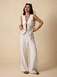 SHEIN PETITE Women's Striped Tie Front Vest And Pant Casual Suit Set
