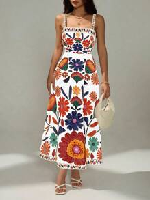 SHEIN PETITE Váy suông họa tiết hoa chữ A không tay cạp chun cho nữ đi nghỉ thường ngày, Xuân/Hè - trắng - Xem 6