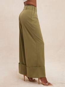 NYA SZN Pantalon taille haute avec détail de revers plissé, tenue de bureau, tenue d'affaires, décontracté, jambe droite et large, pour enseignante, rentrée scolaire, automne/été, couleur kaki olive, pour femmes