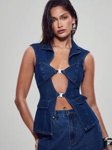 Denimoi Top de mezclilla sin mangas con cuello, detalles de hebilla, mezclilla sobre mezclilla, top de mezclilla sin mangas, top de mezclilla con cintura ceñida, top ceñido a la cintura, de moda, top con recortes, blusas sexys, moda para mujer - Azul lavado medio - Ver 2