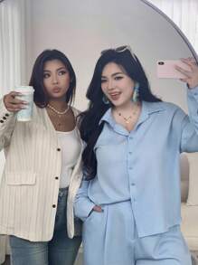 Dazy Plus 2pcs/Set High-End Blouse Top & Fashion Casual Pants, Plus Size Ladies Set