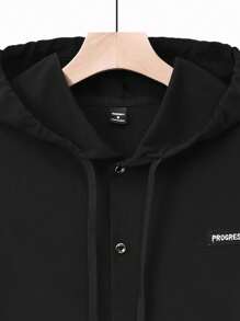 Manfinity Homme Men's Letter Patched Long Sleeve Single-Breasted Drawstring Hooded Shacket, Fall - Black - View 5