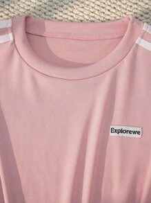 SHEIN 1件少女卡其色拼接藏蓝色时尚休闲连衣裙粉色连衣裙 - 粉色 - 查看 4