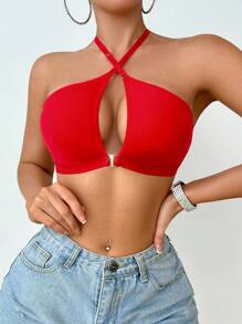 SHEIN 性感镂空前开合交叉吊带文胸 - 紅色 - 查看 4