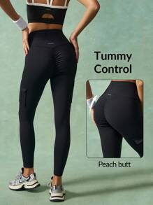 VARSIVA Women Leggings Women's Minimalist Solid Color Overlap Waist Fold-Over Pocket Black Leggings - Black - View 1