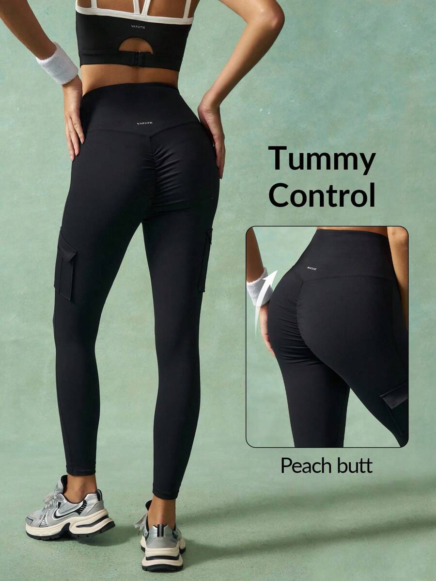 VARSIVA Women Leggings Women's Minimalist Solid Color Overlap Waist Fold-Over Pocket Black Leggings - Black - View 1