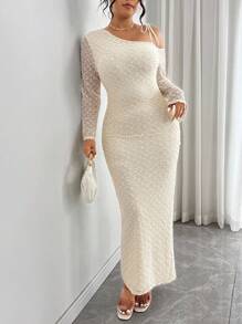 Elenzga Abito lungo elegante da donna con manica lunga, collo asimmetrico, spalla arricciata e vestibilità aderente, disponibile in taglie comode