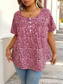 SHEIN Plus Size Casual Short Sleeve Loose Ditsy Floral Shirt - Multicolor - View 7