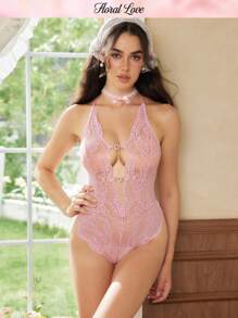 SHEIN Women's Sexy Lace Bodysuit With Rhinestone Heart Buckle Lingerie Holidayseason  Cozy And Elegant Details - Dusty Pink - View 5