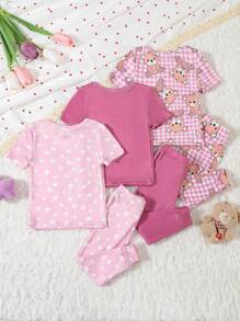 6 件套女婴休闲可爱熊卡通全身印花短袖 T 恤和紧身裤家居服套装 - 彩色 - 查看 2