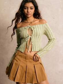 Easelle Women's Autumn And Winter Retro Casual Office Commuting Modern Fashion Elegant Sexy Bow Tie Hollow And Green Wide Pit Stripes One Shoulder Slim Wool Top