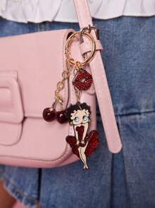 Betty Boop x SHEIN Porte-clés à pampille mode et élégant 3D en alliage brillant de cerise, pendentif de sac de dessin animé mignon
