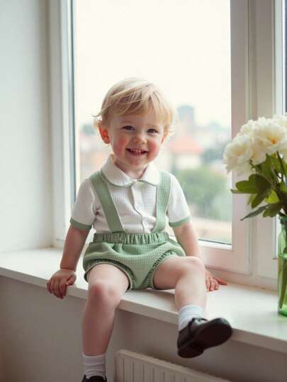 Souflis Souflis Ropa de bebé niño - Camisa de cuello de botón de manga corta con bloque de color de tela de gofre blanca + Pantalones cortos de tirantes ajustables de tela de gofre color albaricoque 2 piezas, adecuado para uso casual, deportivo y de uso doméstico en verano