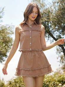 WESTFADE Jupe mini en jean à taille élastique, à volants et effilochée. Style cowgirl d'été, pour concert country, vacances à Nashville