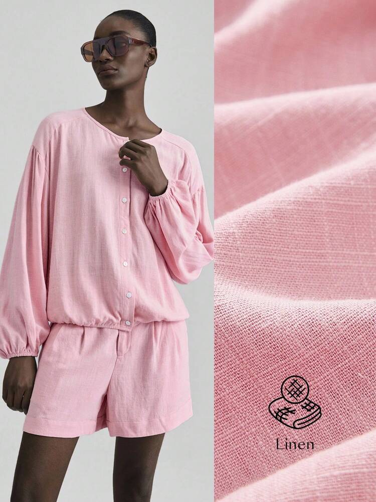 Women's Soft Pink Casual Shirt,2025 New Arrival Long Sleeve Round Neck Solid Color Fashion Autumn Brunch,Vacation Style,'s Day,Beach,Office