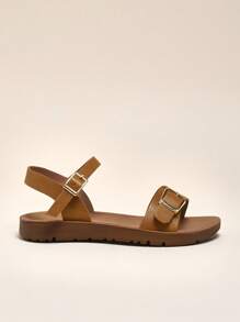 Mini mi 时尚女孩棕褐色带扣露趾平底凉鞋 - 俏皮又舒适 - 棕色 - 查看 5