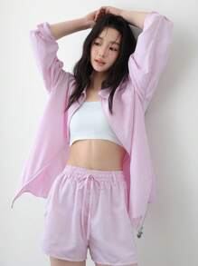SHEIN Unity Women's Pink Striped Heart Double-Head Zipper Shirt, Casual Loose Long-Sleeved Shirt Summer Blouse - Multicolor - View 3