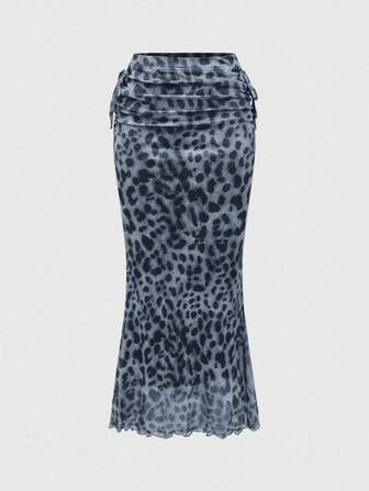 J-Fashion Damen Leoparden-Muster plissierter Rock mit Bindung an der Taille und Meerjungfrau-Saum, modischer Rock
