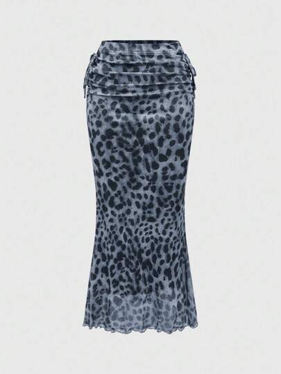 J-Fashion Damen Leoparden-Muster plissierter Rock mit Bindung an der Taille und Meerjungfrau-Saum, modischer Rock