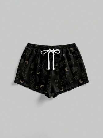 Short gothique esthétique pour femmes, imprimé avec branche d'arbre, feuille et lune, noir et vert