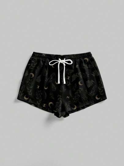 Short gothique esthétique pour femmes, imprimé avec branche d'arbre, feuille et lune, noir et vert