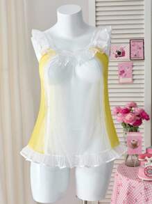 PetitDoll 2pcs/Set Plus Size Contrast Color Mesh Lace Patchwork Sexy Nightgown - White - View 6
