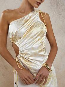 COSMINA Women's Butter Yellow Leopard Print Side Cutout Ruffle One Shoulder Sleeveless Fashionable Satin Top - Yellow - View 1