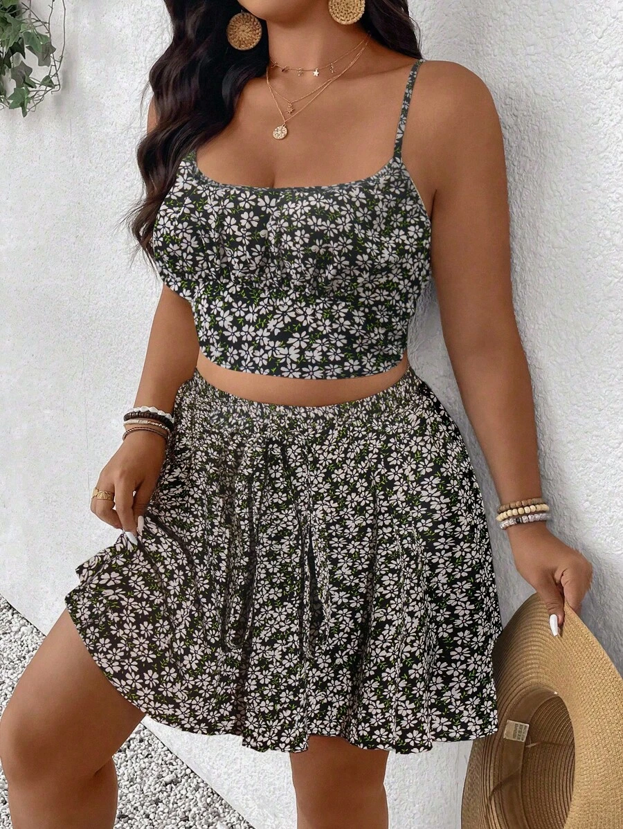 SHEIN Frenchy Bộ đồ 2 món họa tiết hoa xanh lá cây thường ngày mùa hè cỡ lớn, áo ba lỗ nữ + váy nữ, thích hợp cho kỳ nghỉ ở bãi biển, khu nghỉ dưỡng trên đảo - màu đen - Xem 1