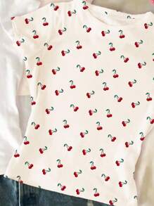 SHEIN 3 件套 Tween 女童复古樱桃印花修身休闲圆领长袖 T 恤，白色、奶油白色、奶油黄色，舒适夏装 - 彩色 - 查看 4